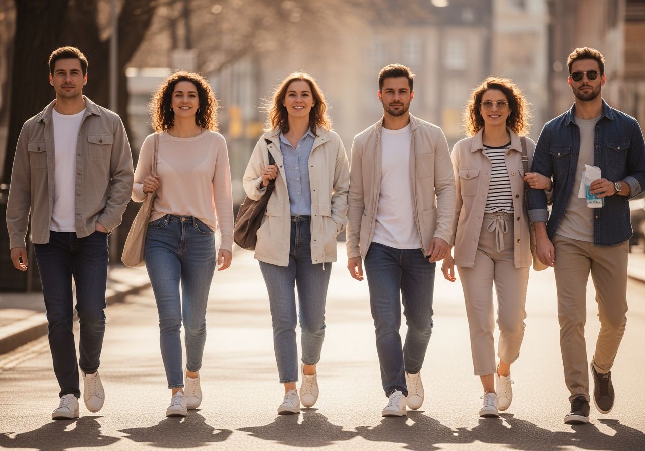 Skupina mladých lidí v módním oblečení jde po městské ulici za denního světla v jarním období