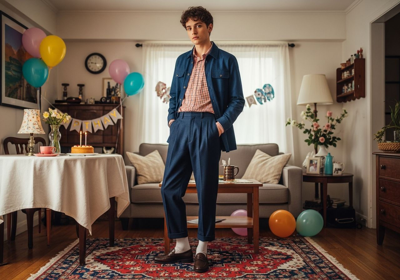 Mladý dospělý stojí v obývacím pokoji připraveném na malou narozeninovou oslavu doma.