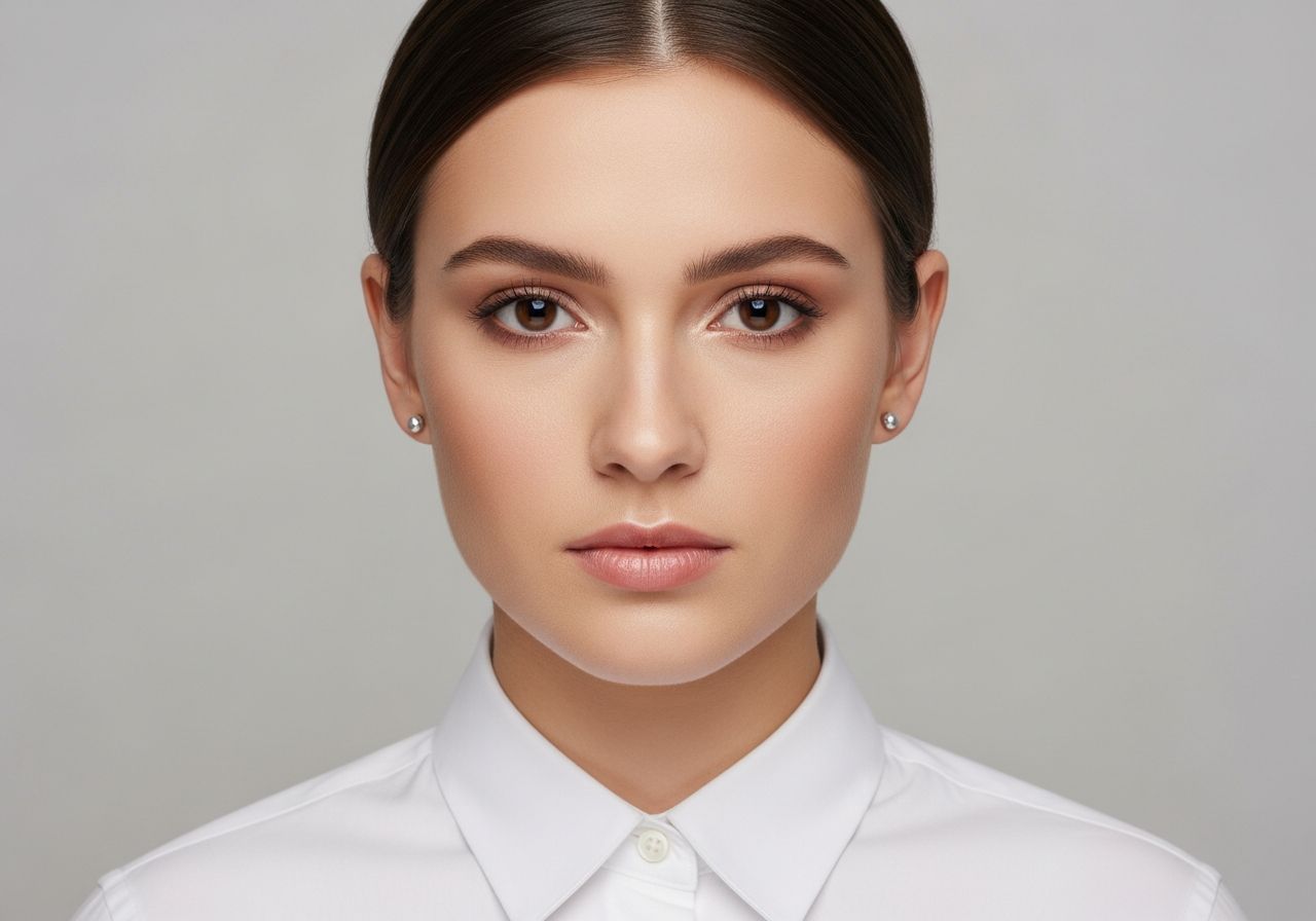 Portrét mladé ženy v bílé košili na jednobarevném šedém pozadí, bez výrazných stínů, ID fotka.