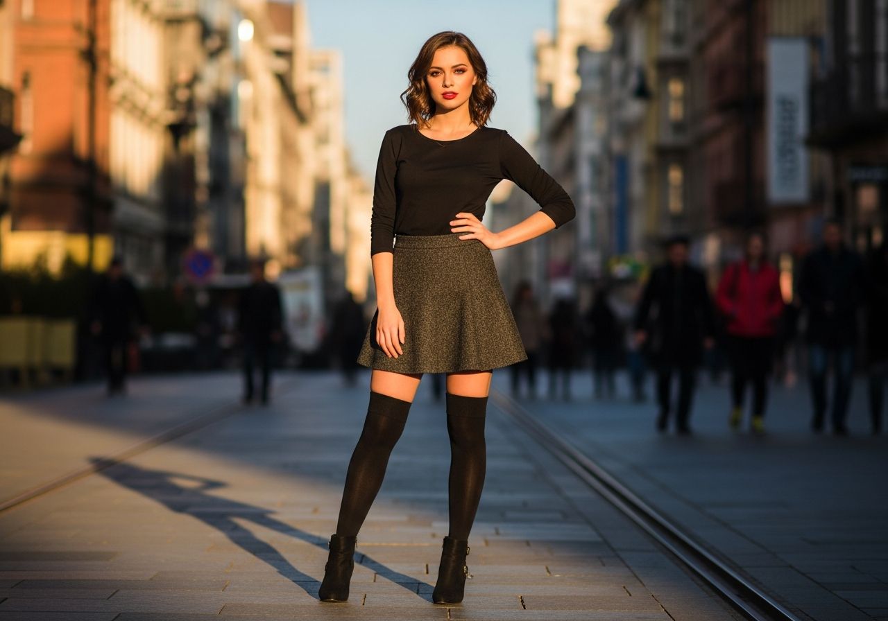 Mladá žena v černých punčochách a mini sukni stojí na ulici za zlaté hodiny města.