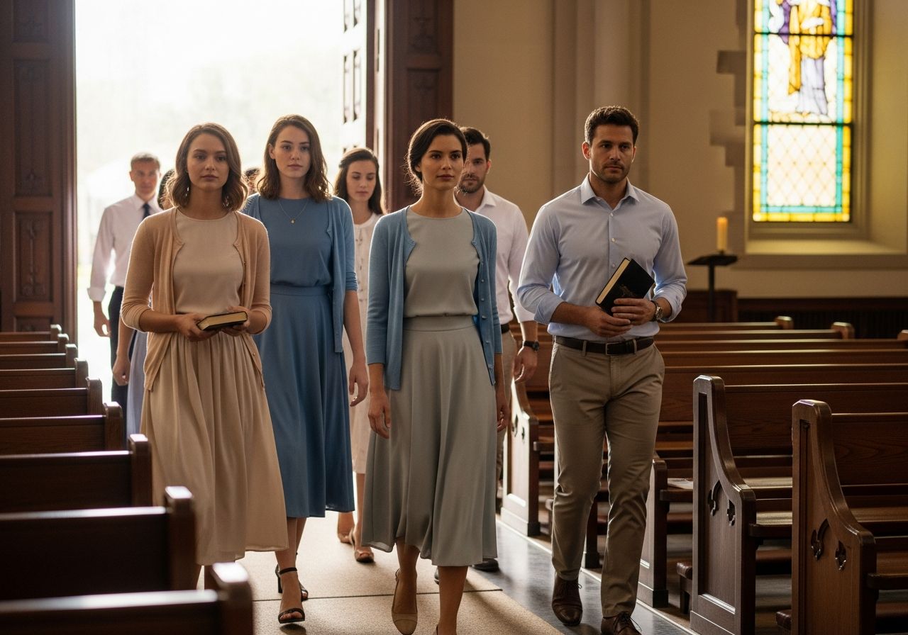 Skupina lidí vstupuje do kostela v slušivém oblečení, drží modlitební knížku v tichém prostředí.