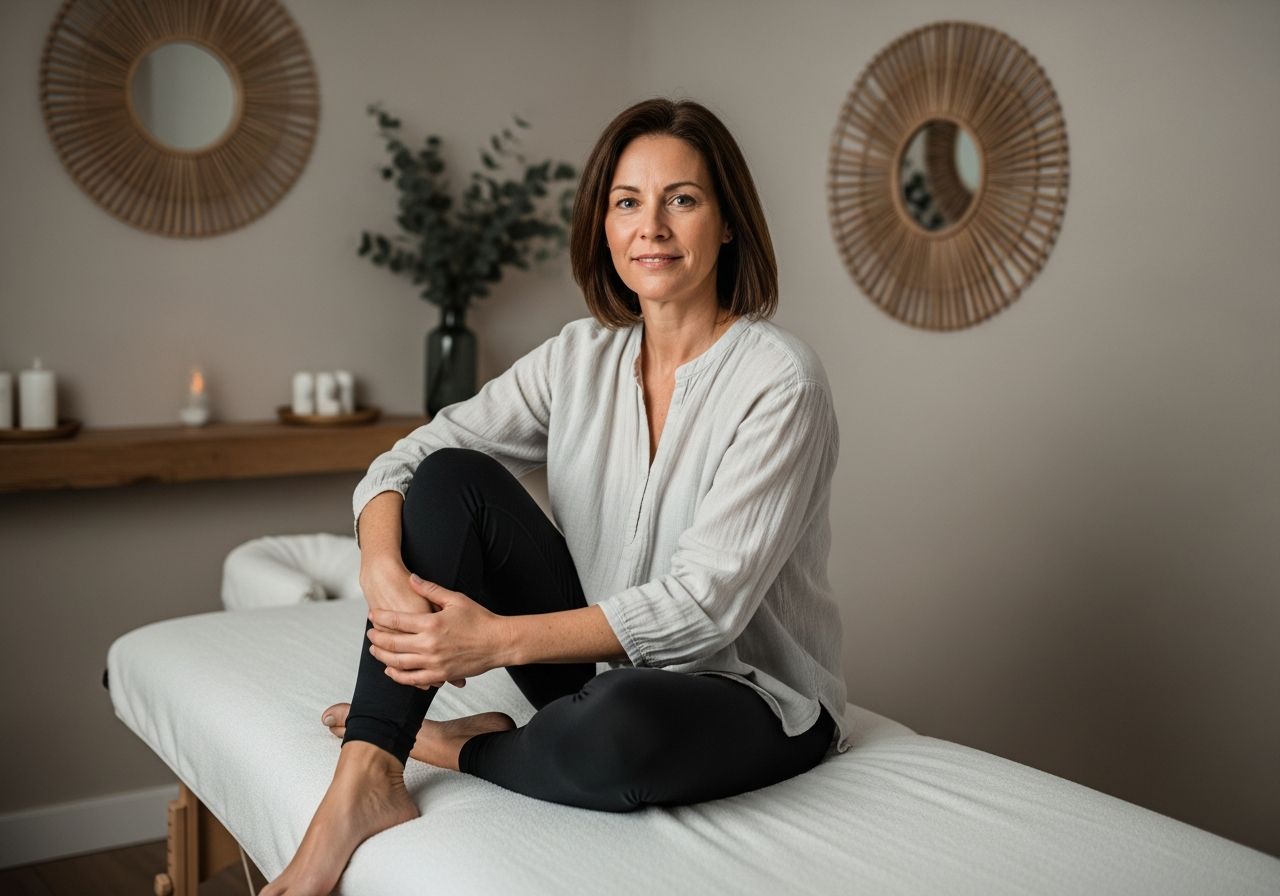 Žena sedí uvolněně na masážním stole v klidné spa místnosti v pohodlném oblečení.