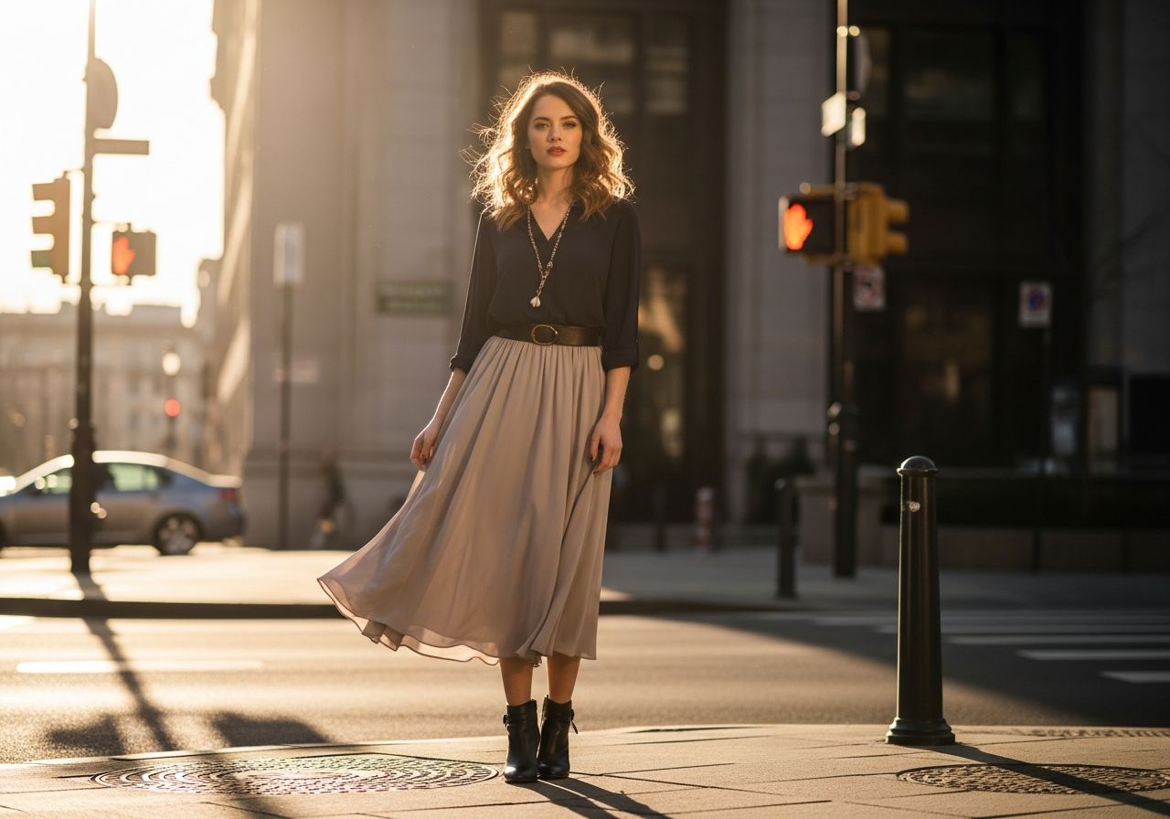 Mladá žena na městské ulici během zlaté hodiny v midi sukni, blůze a kotníkových botách.