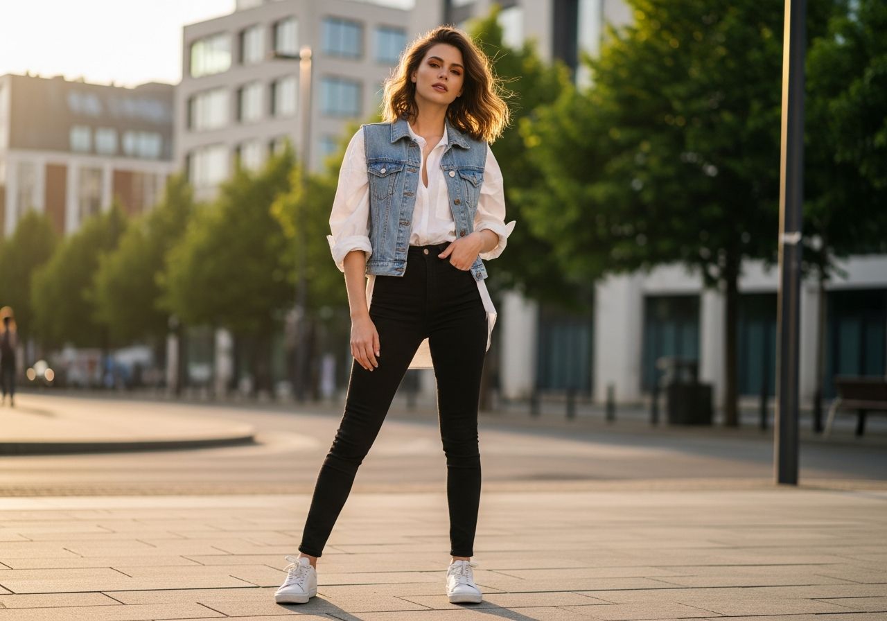 Mladá žena v džínové vestě a černých džínách stojí ve městě při zlaté hodině