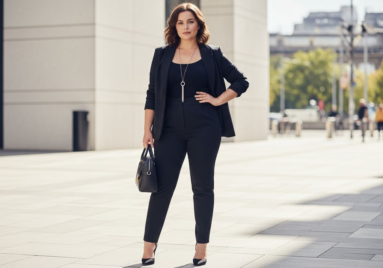 Sebevědomá plnoštíhlá žena v elegantním oblečení stojí ve městě s taškou a šperkem.