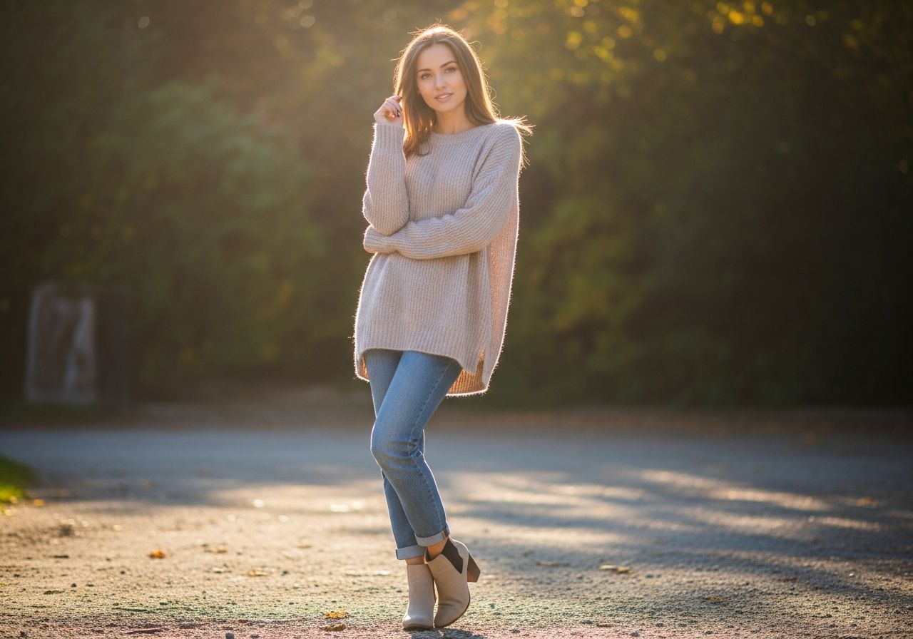 Mladá žena v pohodlném svetru a džínách stojí venku s podzimními stromy v pozadí.