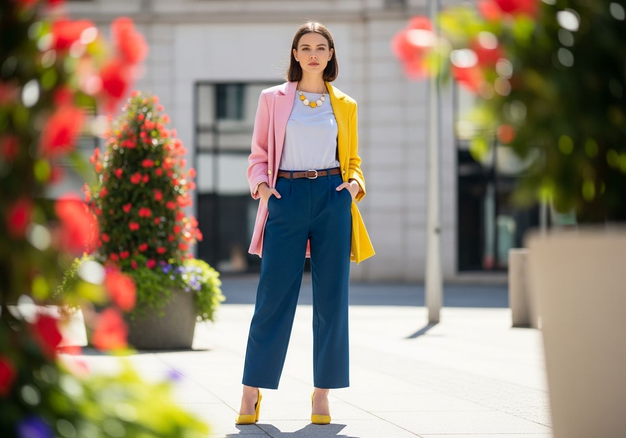 Mladá žena v pastelovém outfitu stojí v moderním městském prostředí s květinami v pozadí.