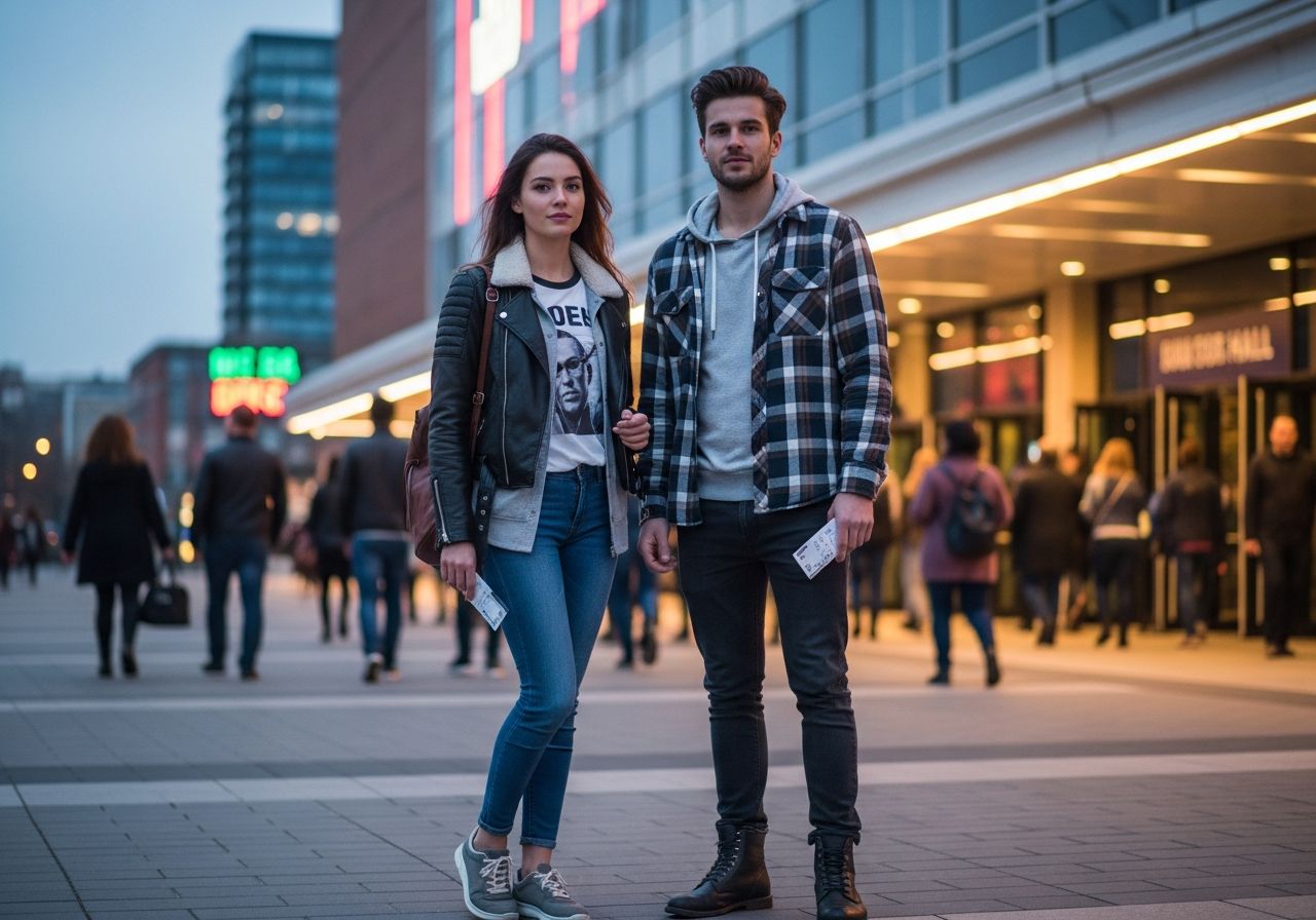 Mladý pár s lístky stojí před koncertní halou za soumraku, městské pozadí a dav lidí vstupujících do budovy