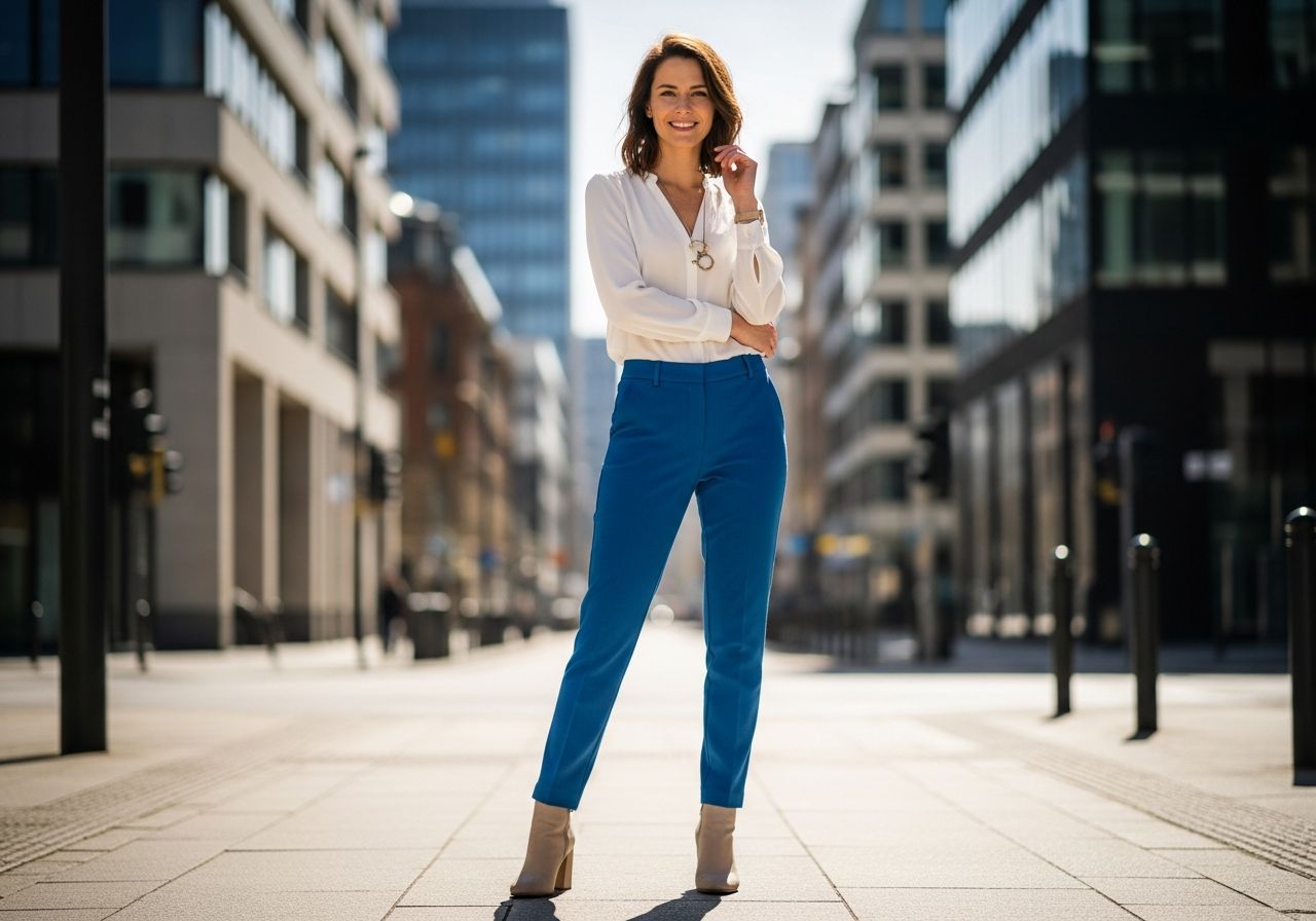 Žena v modrých kalhotách a bílé blůze stojí na městské ulici s moderními budovami v pozadí.