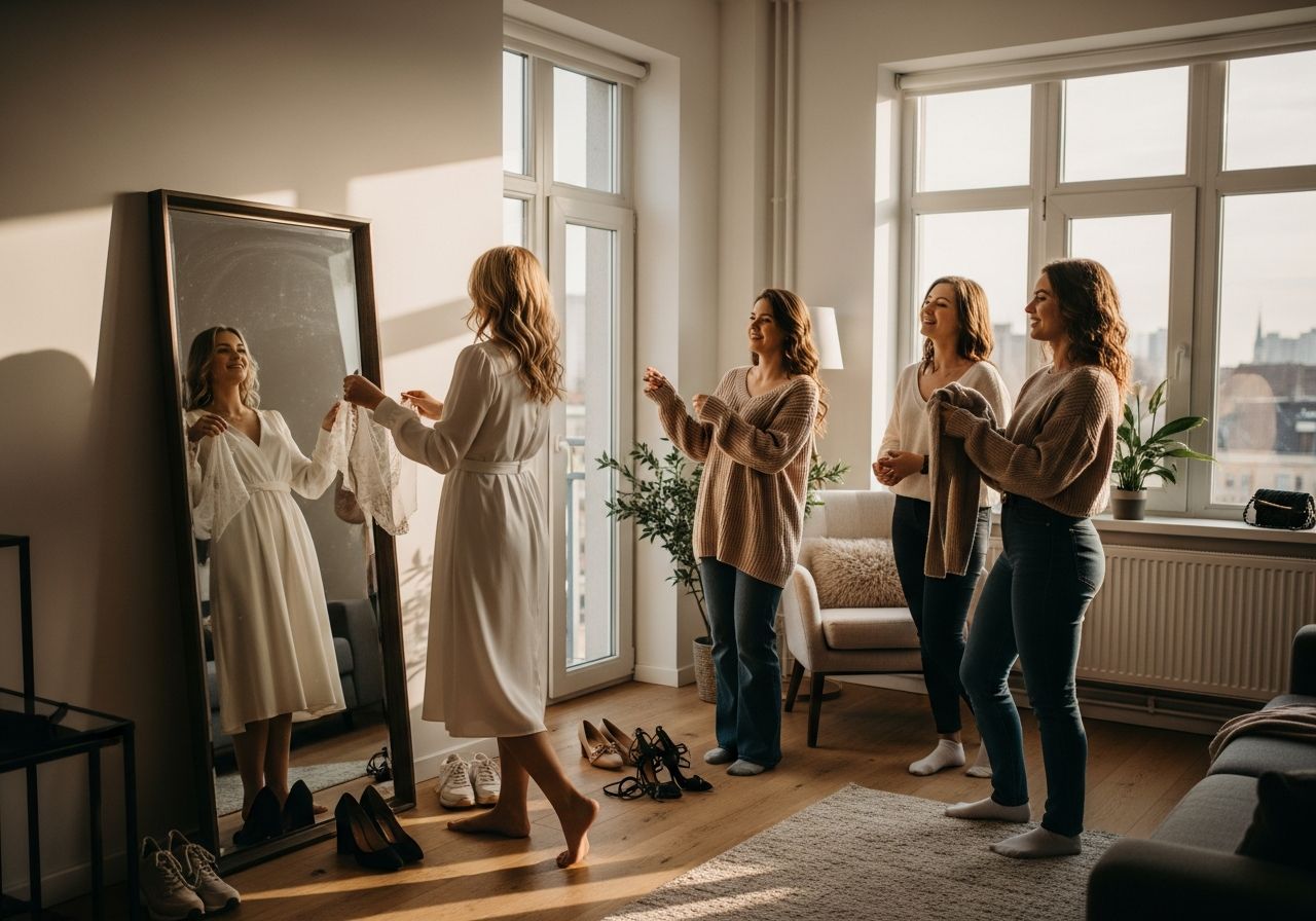 Skupina mladých žen připravujících rozlučku se svobodou v moderním bytě u zrcadla.