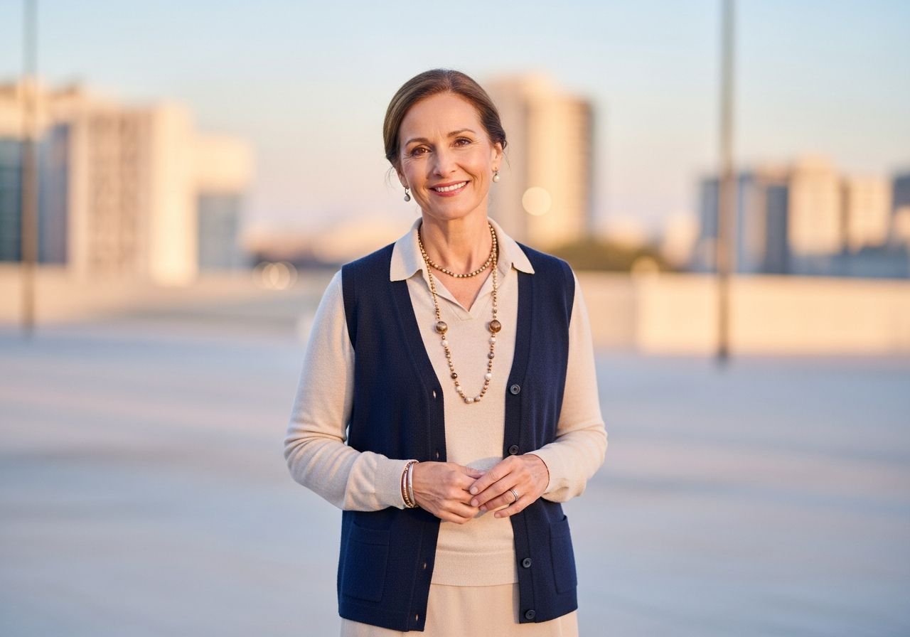 Stylová 50letá žena v moderním městském prostředí během zlaté hodiny s klidným úsměvem