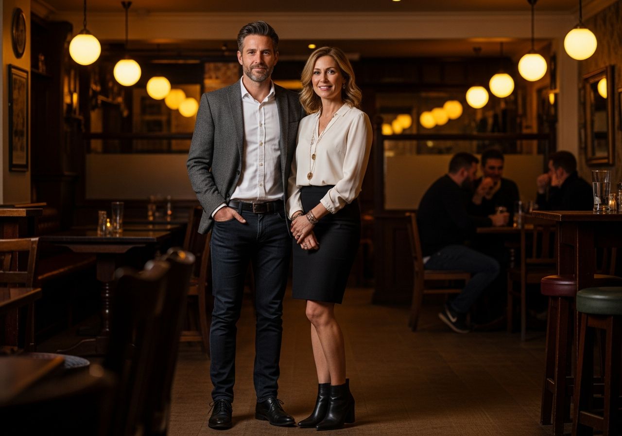 Muž a žena stojí v útulném dřevěném baru s teplým osvětlením a oslavují společný okamžik.