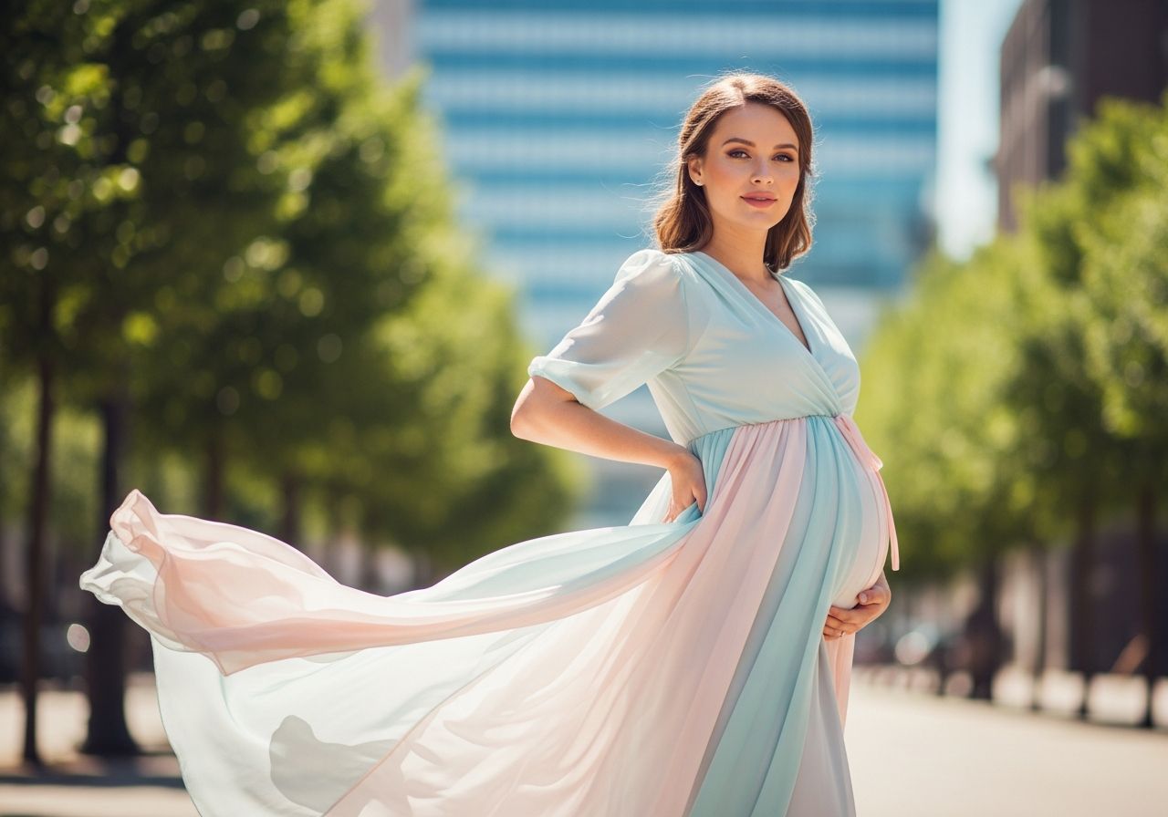 Těhotná žena v lehkých mateřských šatech pózuje venku ve městě za slunečného dne.