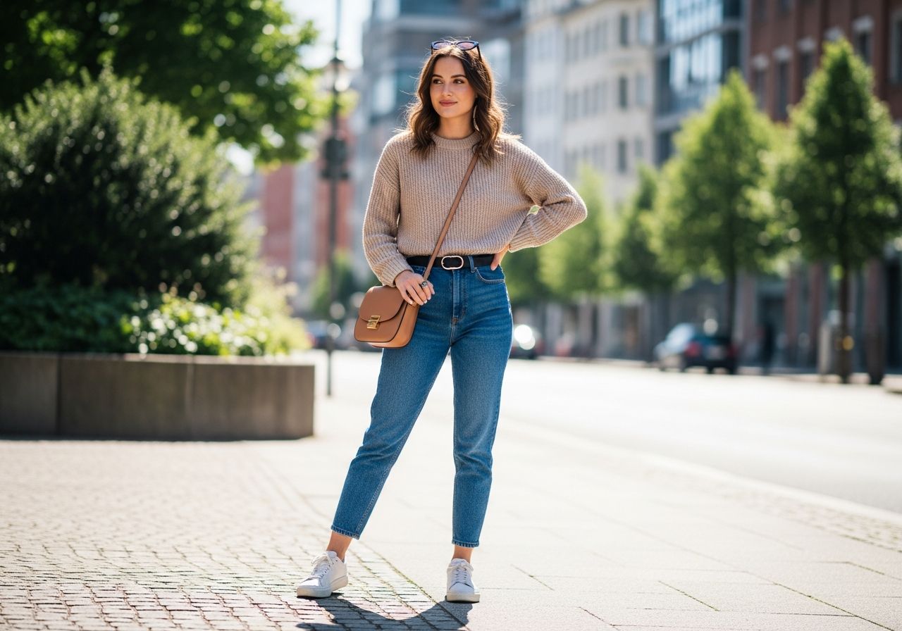 Mladá žena v městském prostředí v běžném oblečení s bílými teniskami a kabelem přes rameno.