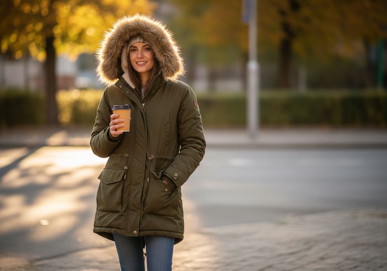 Mladá žena v zelené parce stojí na městské ulici na podzim s kávou v ruce.