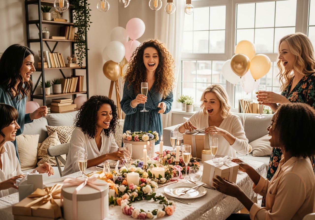 Skupina žen slaví rozlučku se svobodou u dekorovaného stolu s bublinami a dárky v útulném obýváku