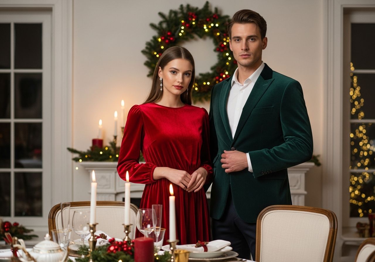 Mladý pár v elegantním oblečení stojí v pokojně osvětlené jídelně připravené na štědrovečerní večeři.