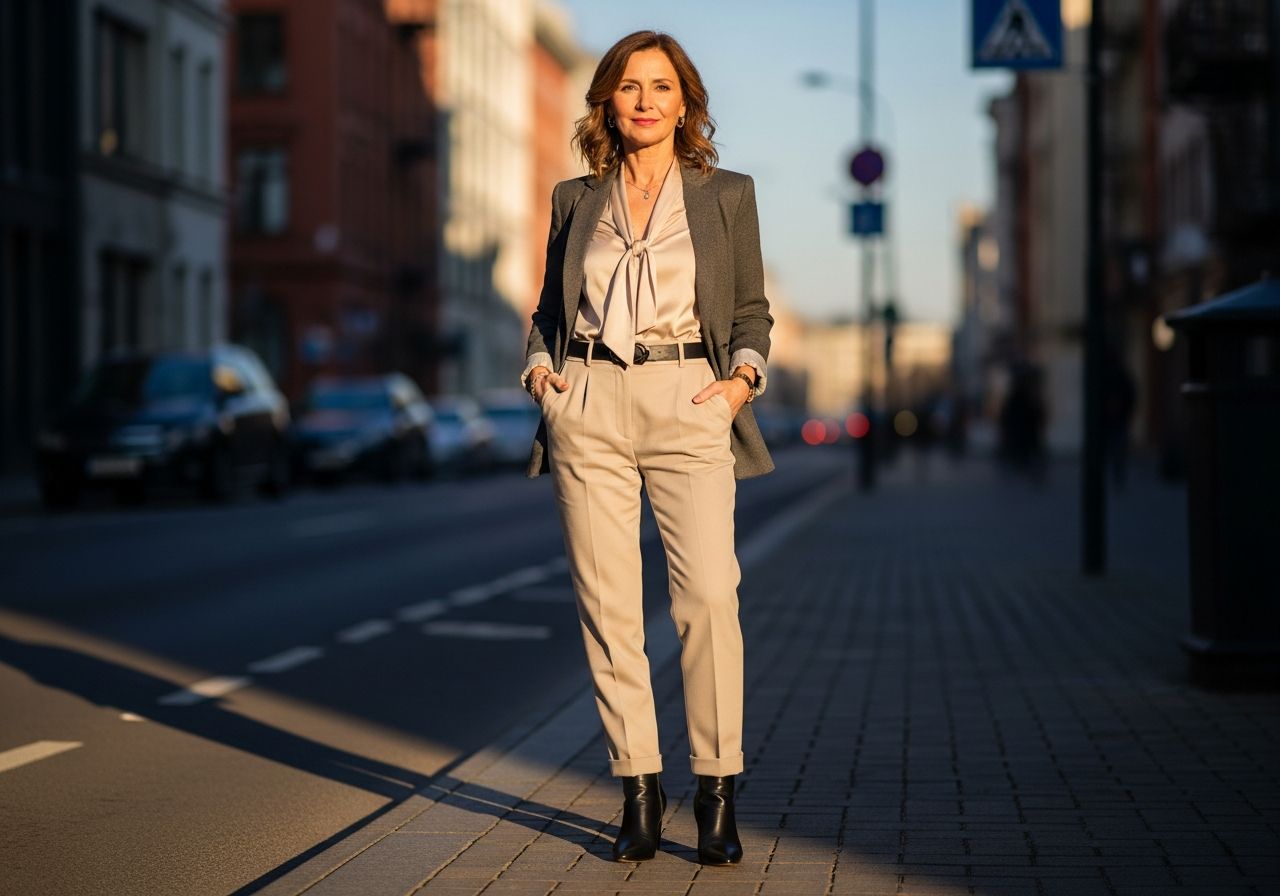 Stylová žena v padesáti letech stojí na ulici v městě během zlaté hodiny v elegantním outfitu.