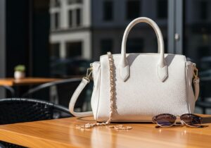 Bílá kožená kabelka na dřevěném stole s doplňky a rozostřeným městským pozadím v přirozeném světle