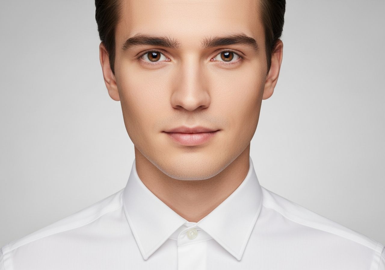 Mladý dospělý v bílé košili na pasovou fotografii s neutrálním výrazem a šedým pozadím