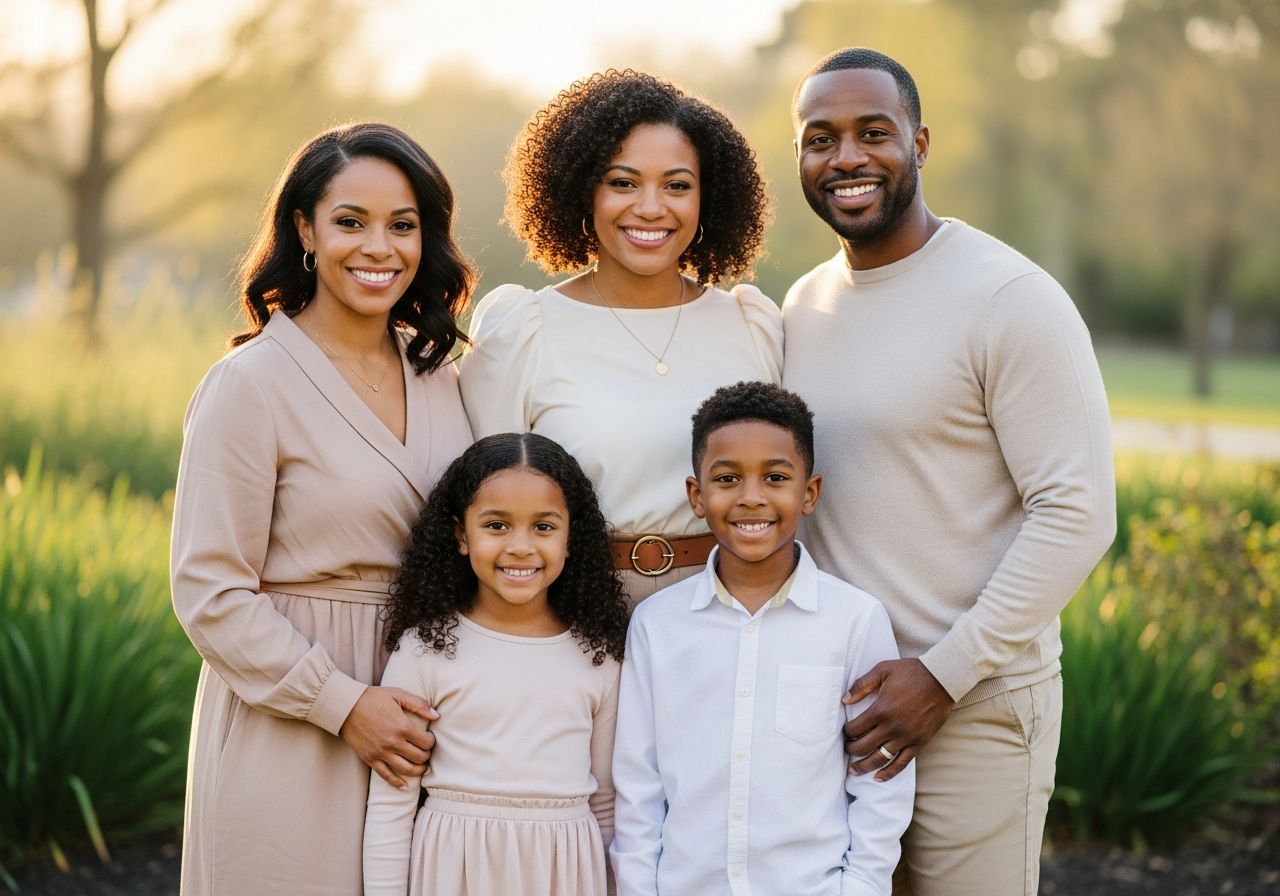 Rodinný portrét čtyř členů venku při zlaté hodince s jemným světlem a rozostřeným pozadím parku
