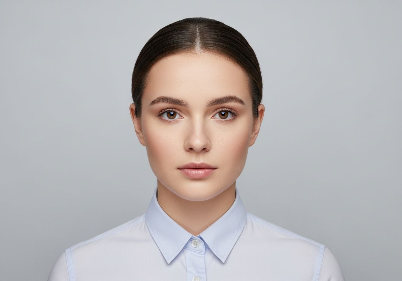 Mladý dospělý v jednobarevné košili, neutrální výraz, oficiální fotografie na průkaz s šedým pozadím.