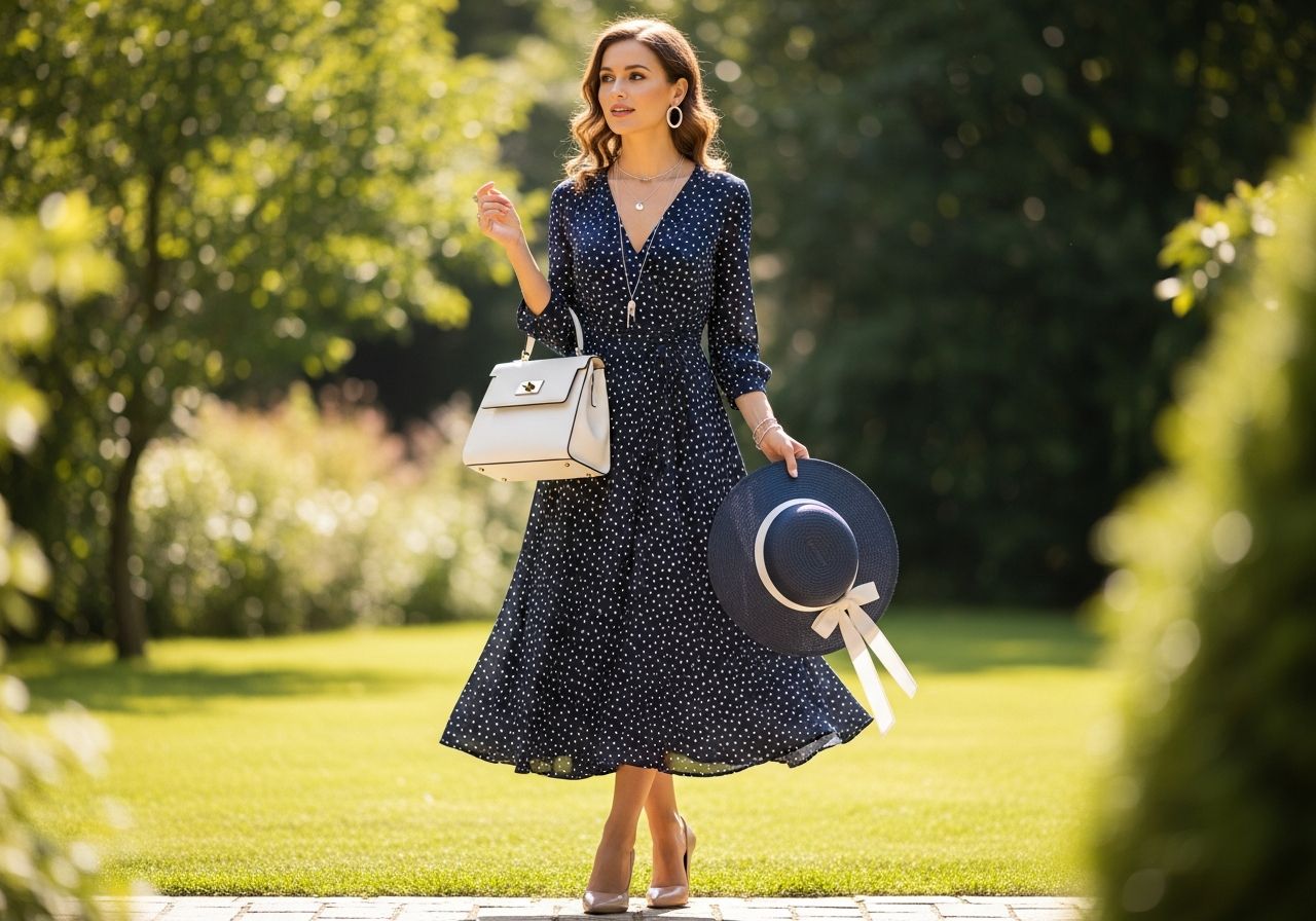 Žena ve tmavě modrých šatech s puntíky drží klobouk v zahradě se stříbrnými šperky a bílou kabelkou