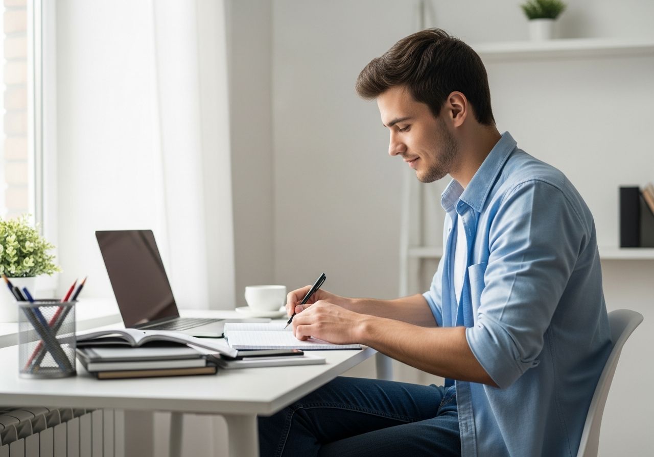Student u světla okna organizuje své studijní materiály u stolu v čisté a uklizené místnosti.