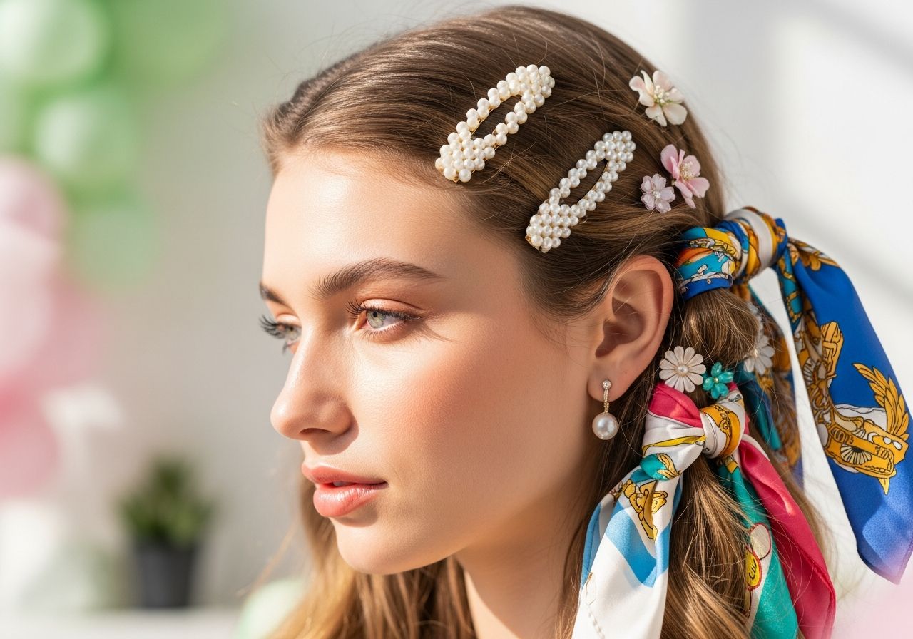 Mladá žena s jarními doplňky ve vlasech, přirozené vlny, měkké světlo, pastelové pozadí.