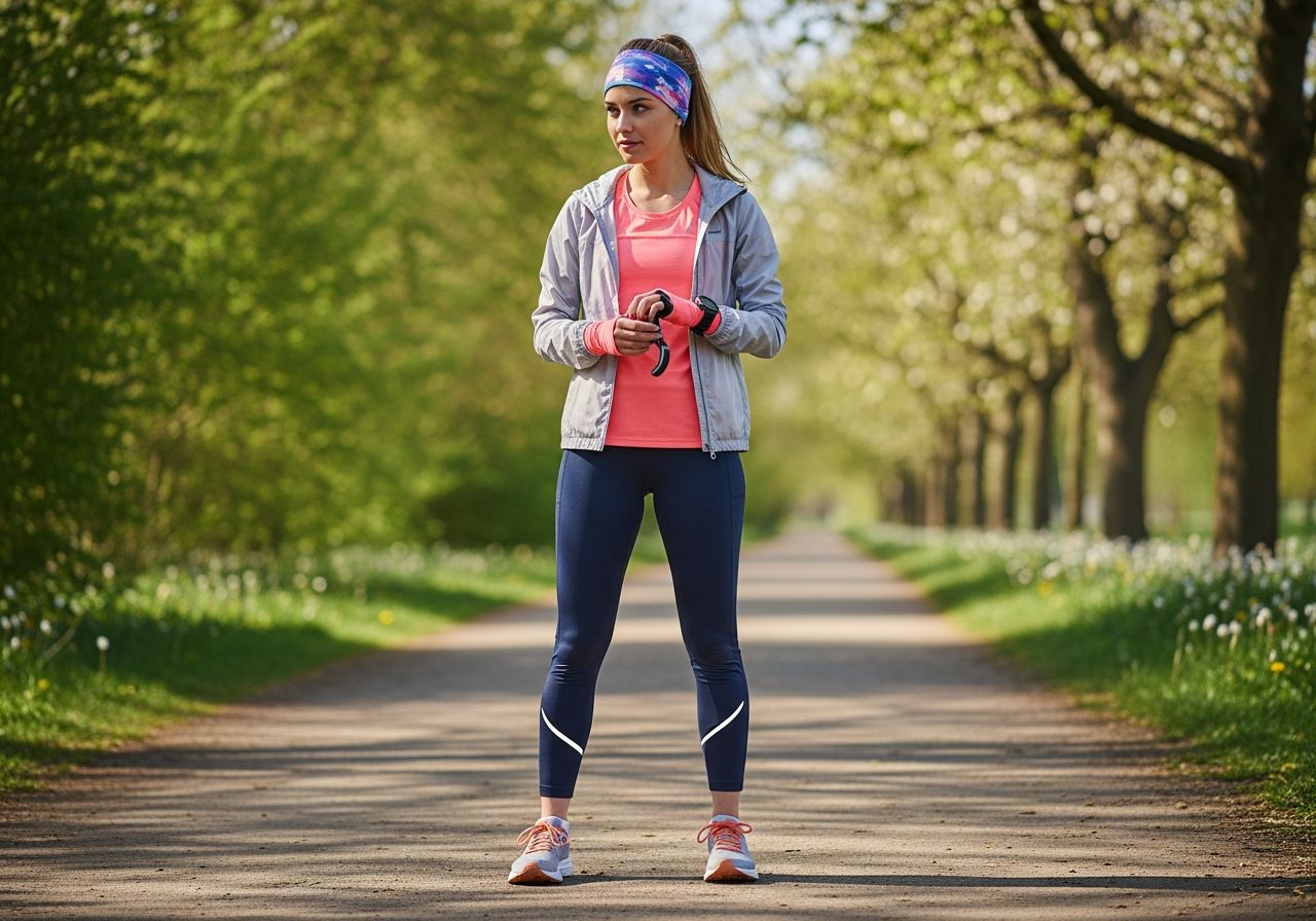 Mladá žena na jaře v parku v běžeckém oblečení drží sportovní hodinky a boty.