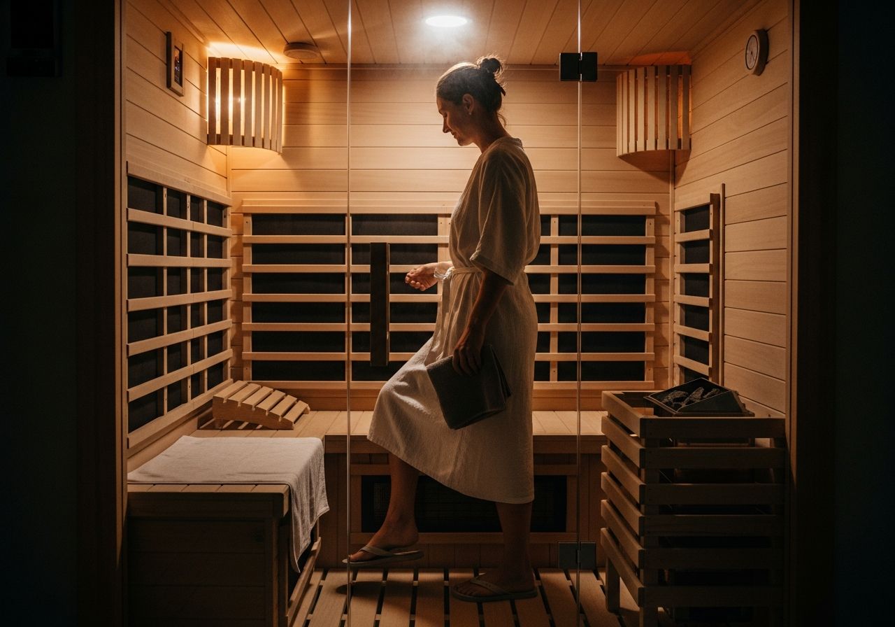 Moderní infračervená sauna interiér s osobou v lehkém oblečení a ručníkem, přírodní pára v pozadí