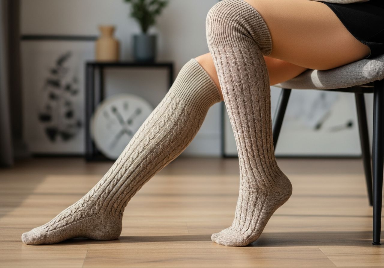 Záběr na lýtka v punčochách sedící na židli v útulném domově s dřevěnou podlahou.