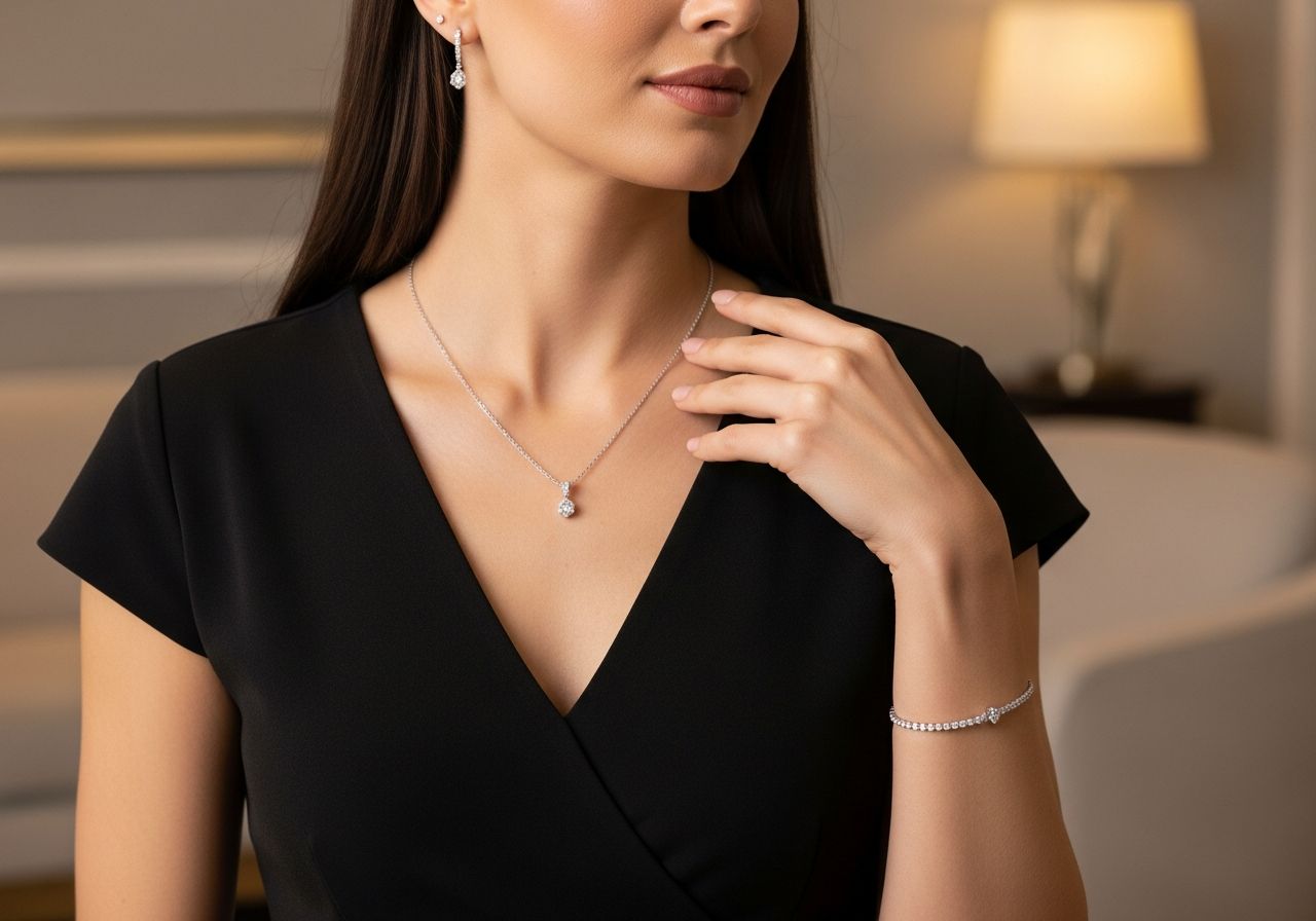 Žena v černých šatech se stříbrnými šperky pózuje v elegantním interiéru za měkkého osvětlení.