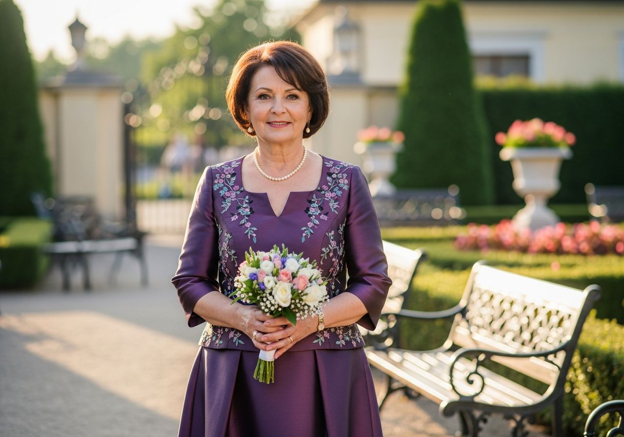 Elegantní kmotra stojí v evropské zahradě s květinovou kyticí za zlaté hodiny