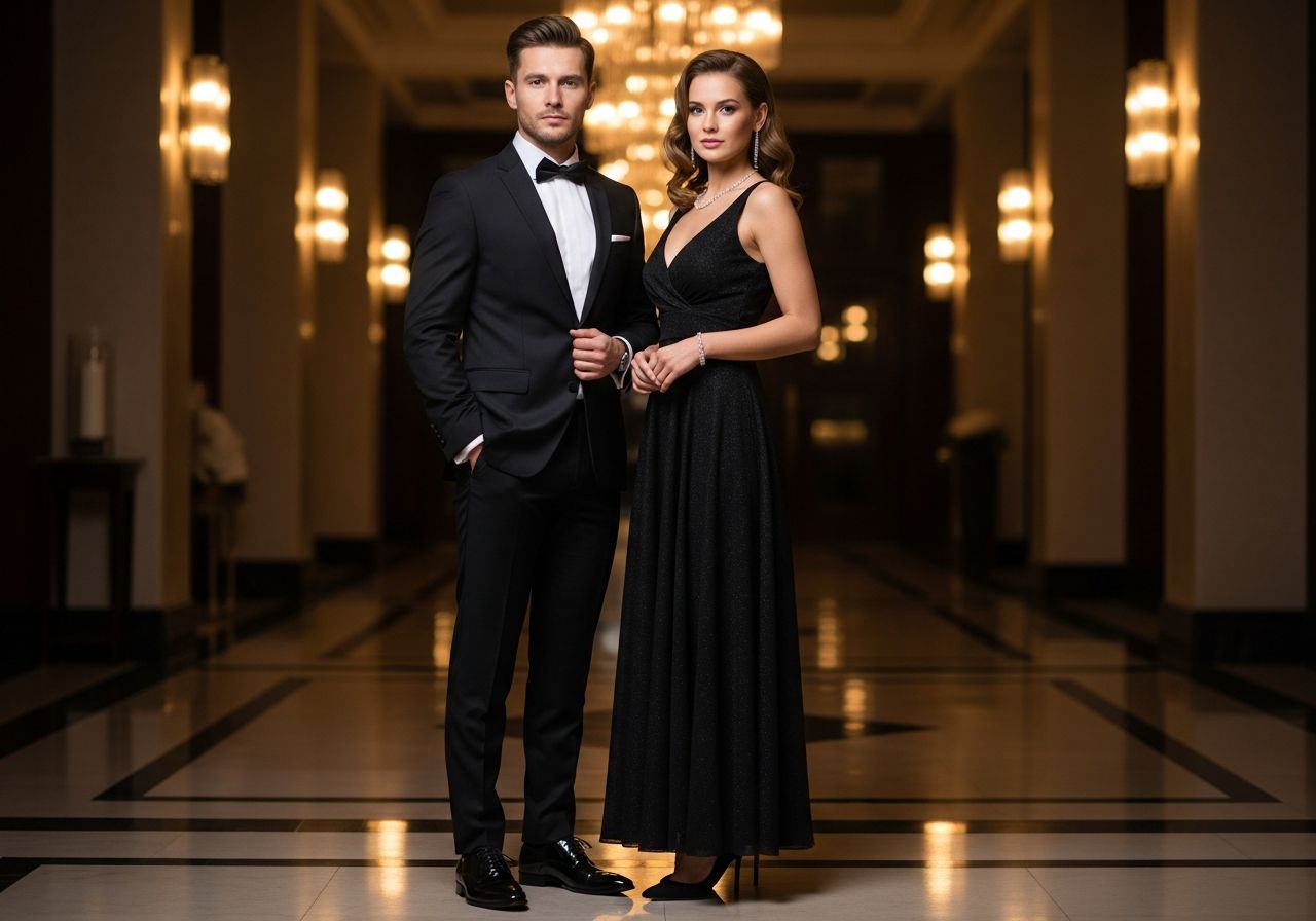 Muž a žena ve formálním oblečení připravující se na večer KSW v luxusním prostředí.