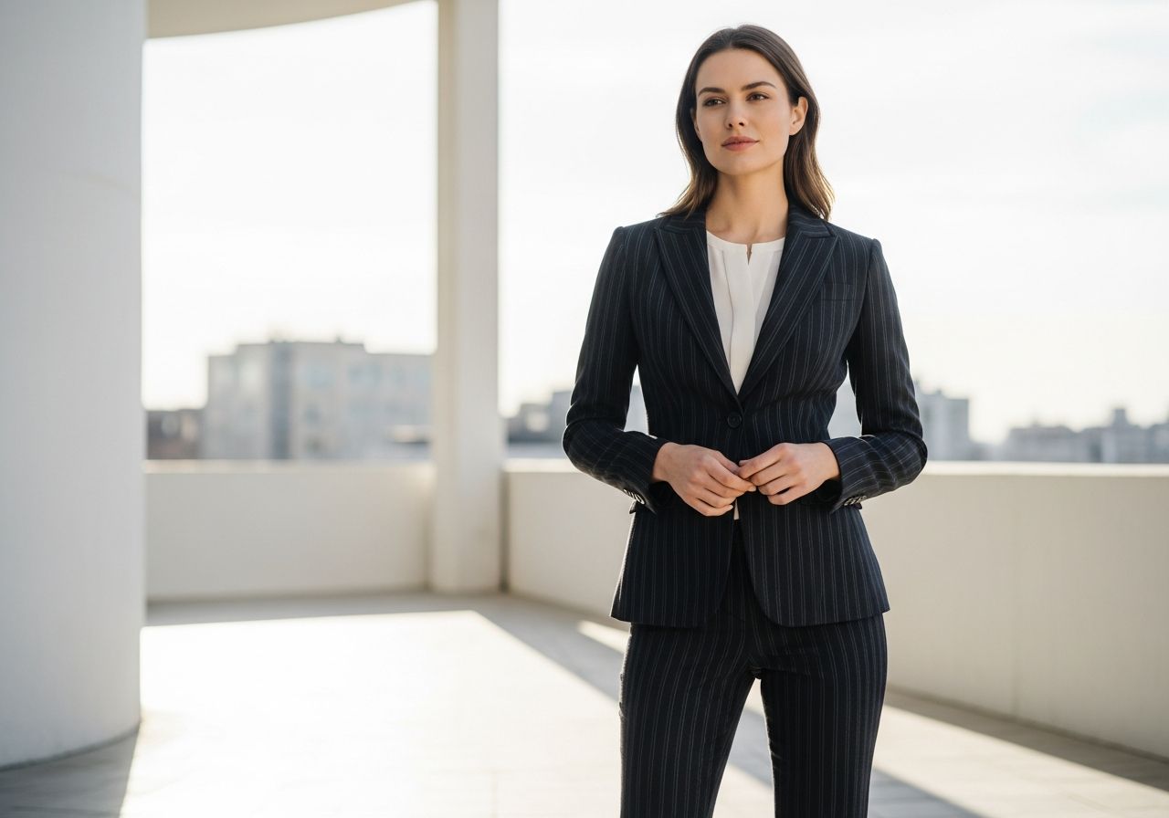 Žena v úzkém pruhovaném oblečení stojí ve světlém městském prostředí s rozostřeným pozadím