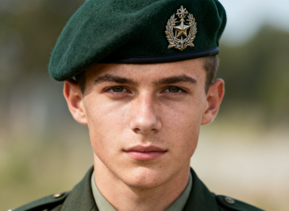 Mladý voják s tmavě zeleným baretem a erbem, upřeně hledící do kamery, portrét z hrudi nahoru
