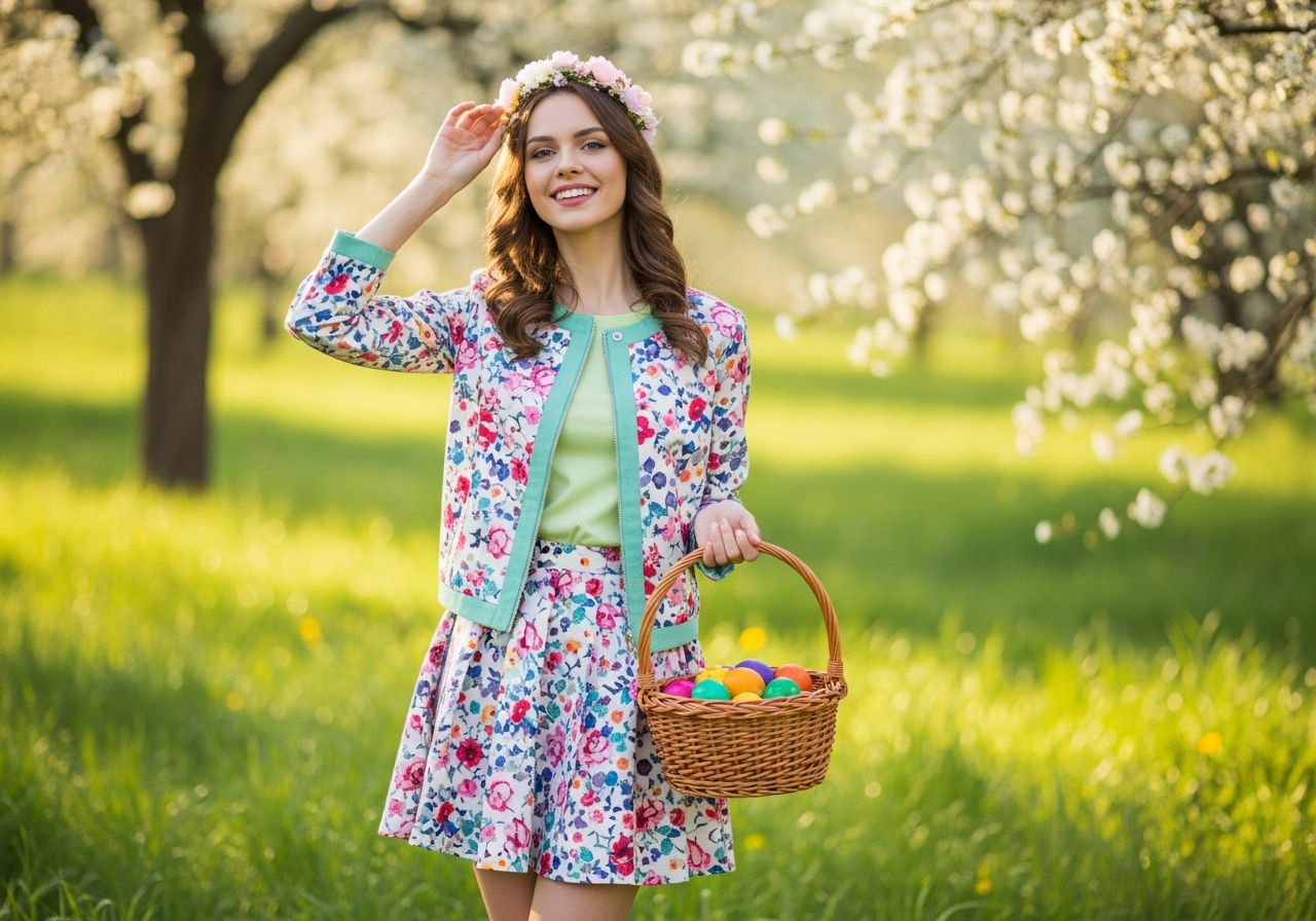 Mladá žena v jarní louce s květinovou korunkou a košíkem malovaných velikonočních vajíček.