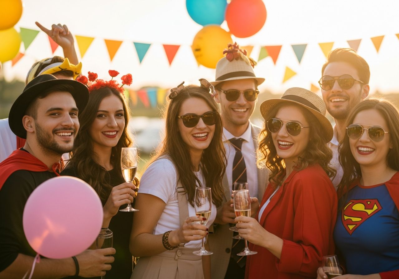 Skupina přátel v kostýmech na venkovní rozlučce se svobodou za zlaté hodiny.