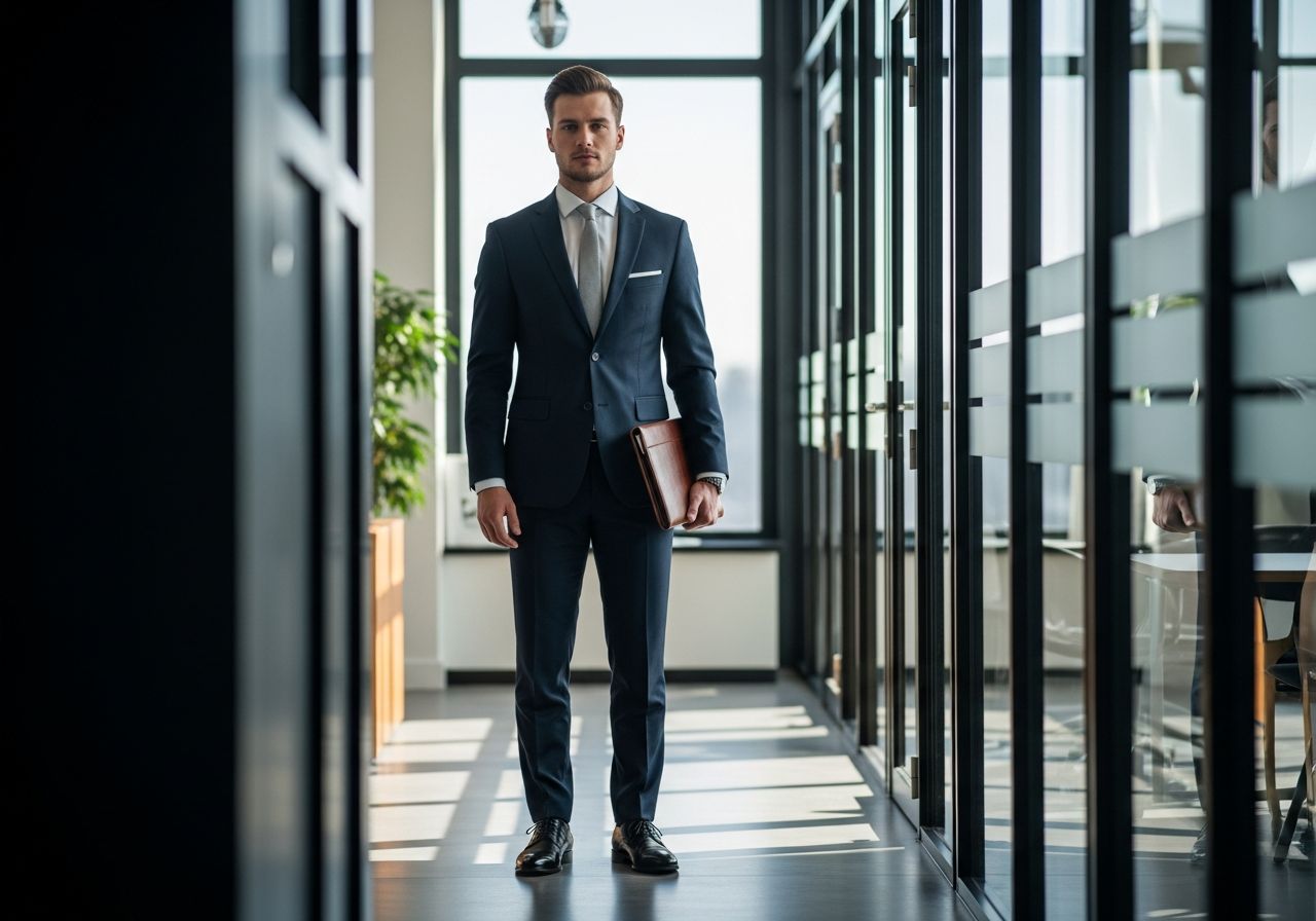 Mladý profesionál v tmavém obleku s koženou složkou stojí v moderní kanceláři s přirozeným světlem