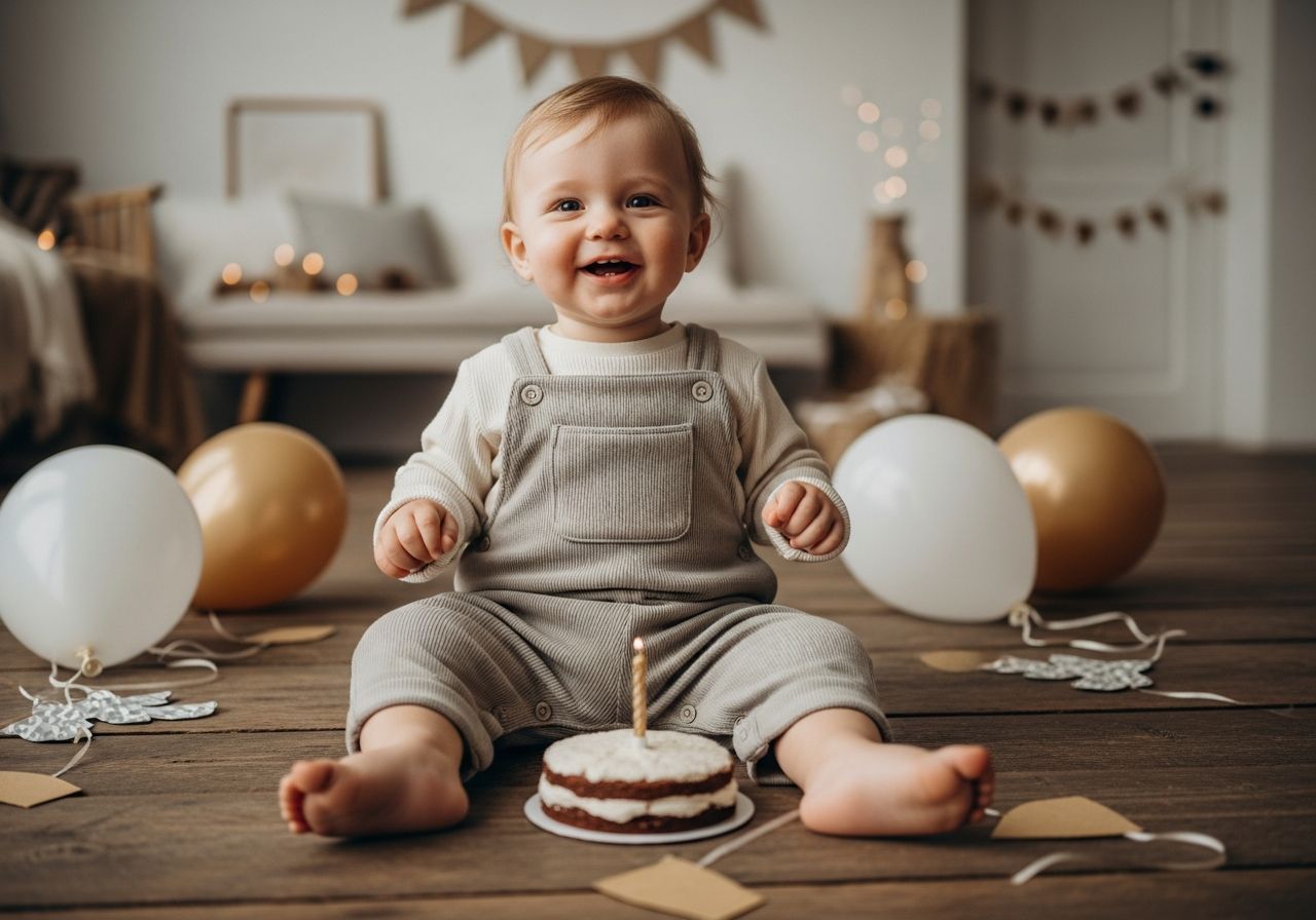 Dítě slaví první narozeniny na dřevěné podlaze obklopen balonky a malým dortem s jednou svíčkou