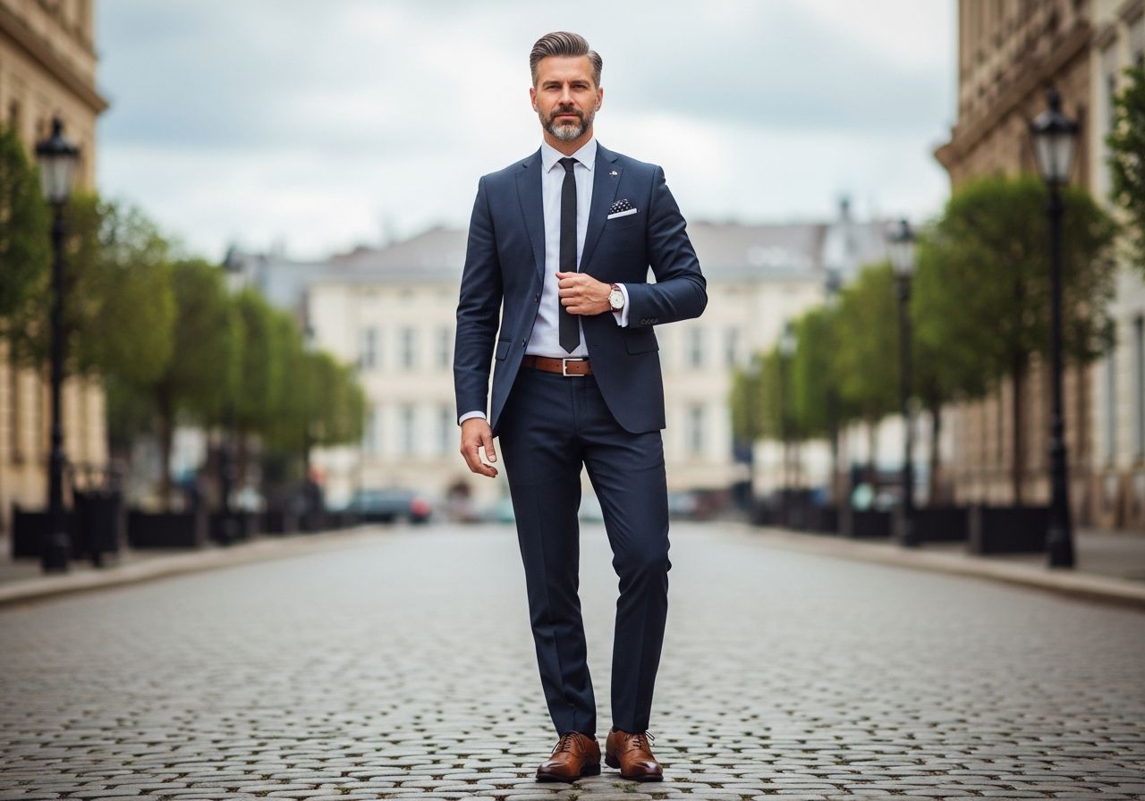 Muž v tmavě modrém obleku stojí na dlážděné ulici v evropském městě s historickými budovami v pozadí