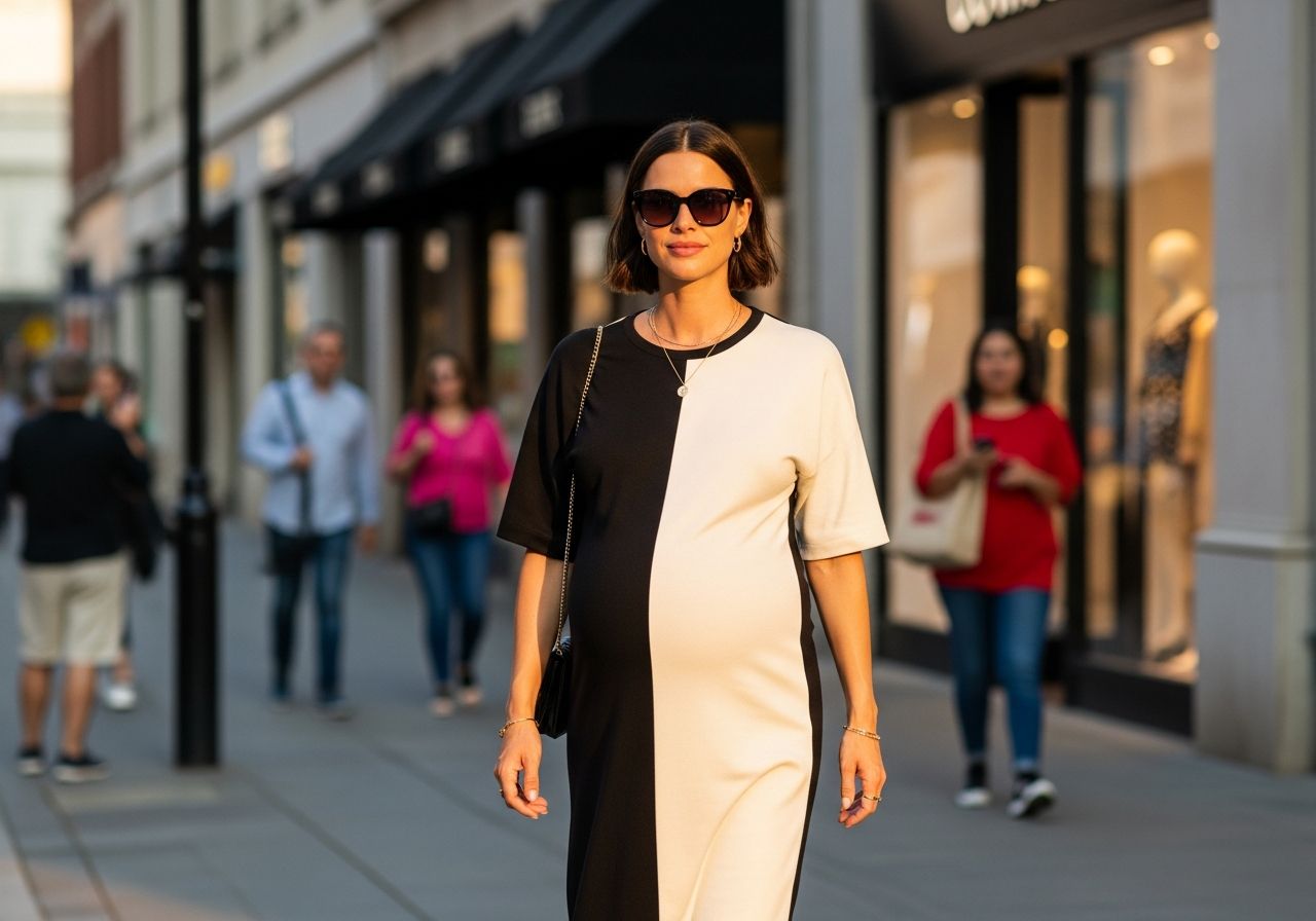 Tehotná celebrita v moderních šatech kráčí městem za zlaté hodiny, s jemným doplňky a slunečními brýlemi.