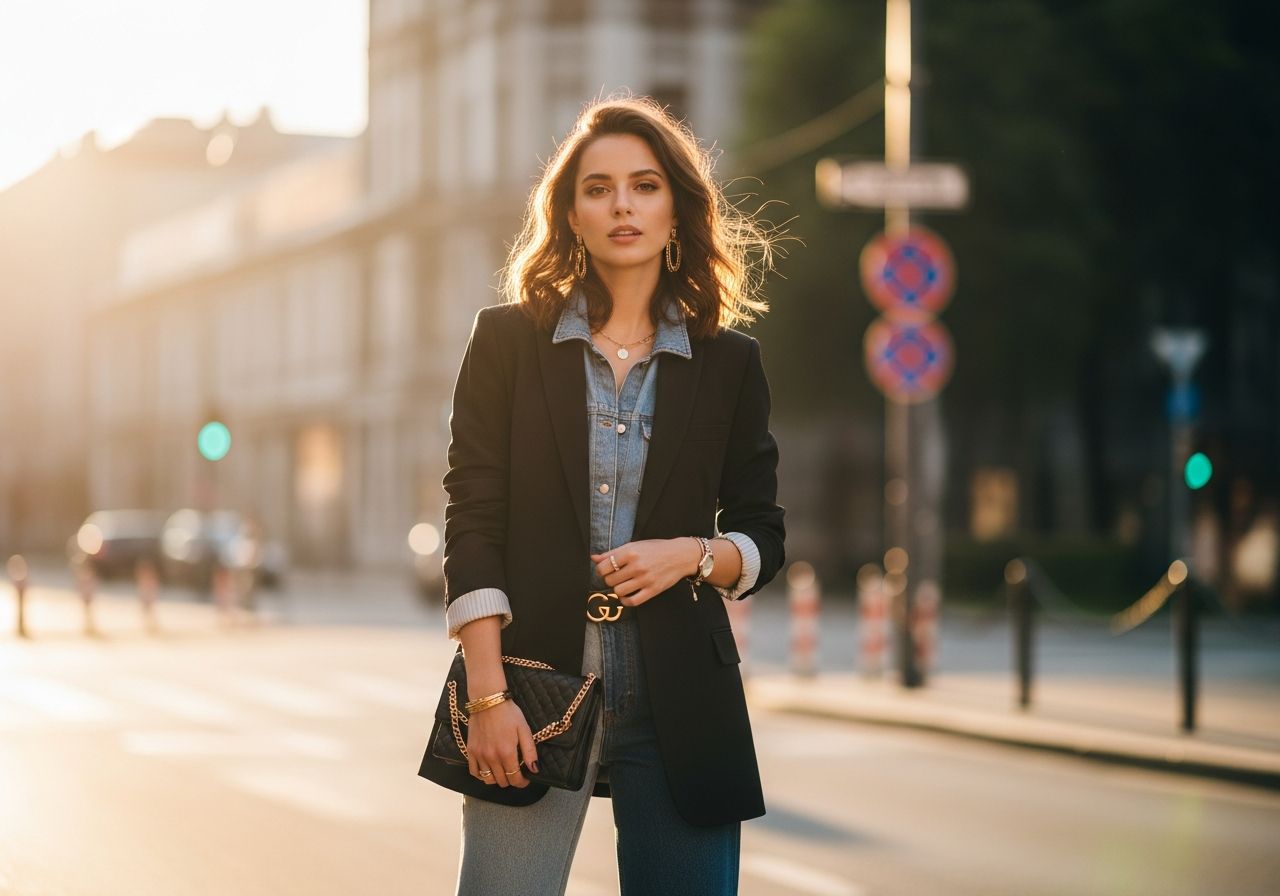 Mladá žena v moderním saka na městské ulici za zlaté hodiny s přirozeným líčením a volnými vlasy