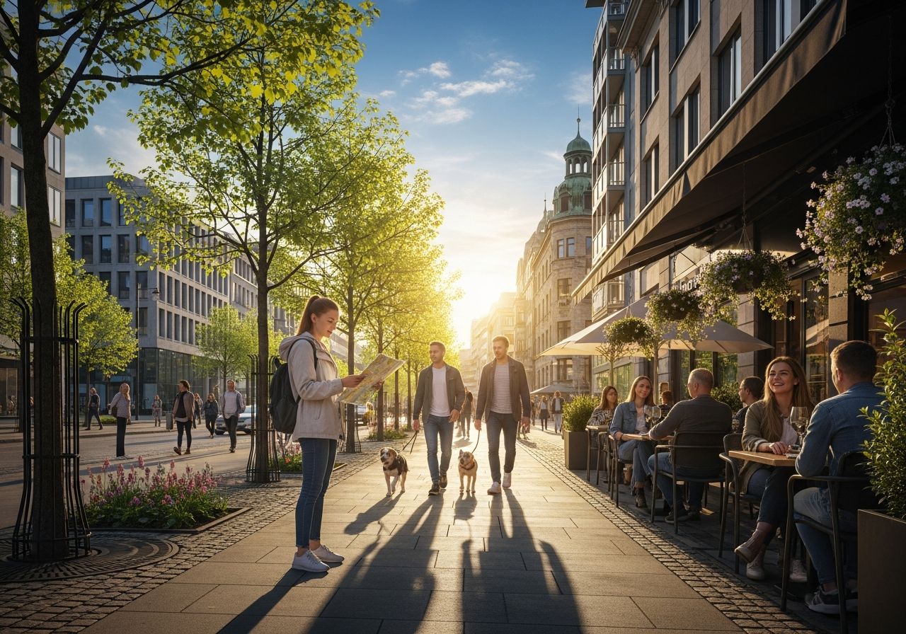 Městská ulice na jaře s lidmi, kvetoucími stromy a kavárnami za teplého slunečného dne.