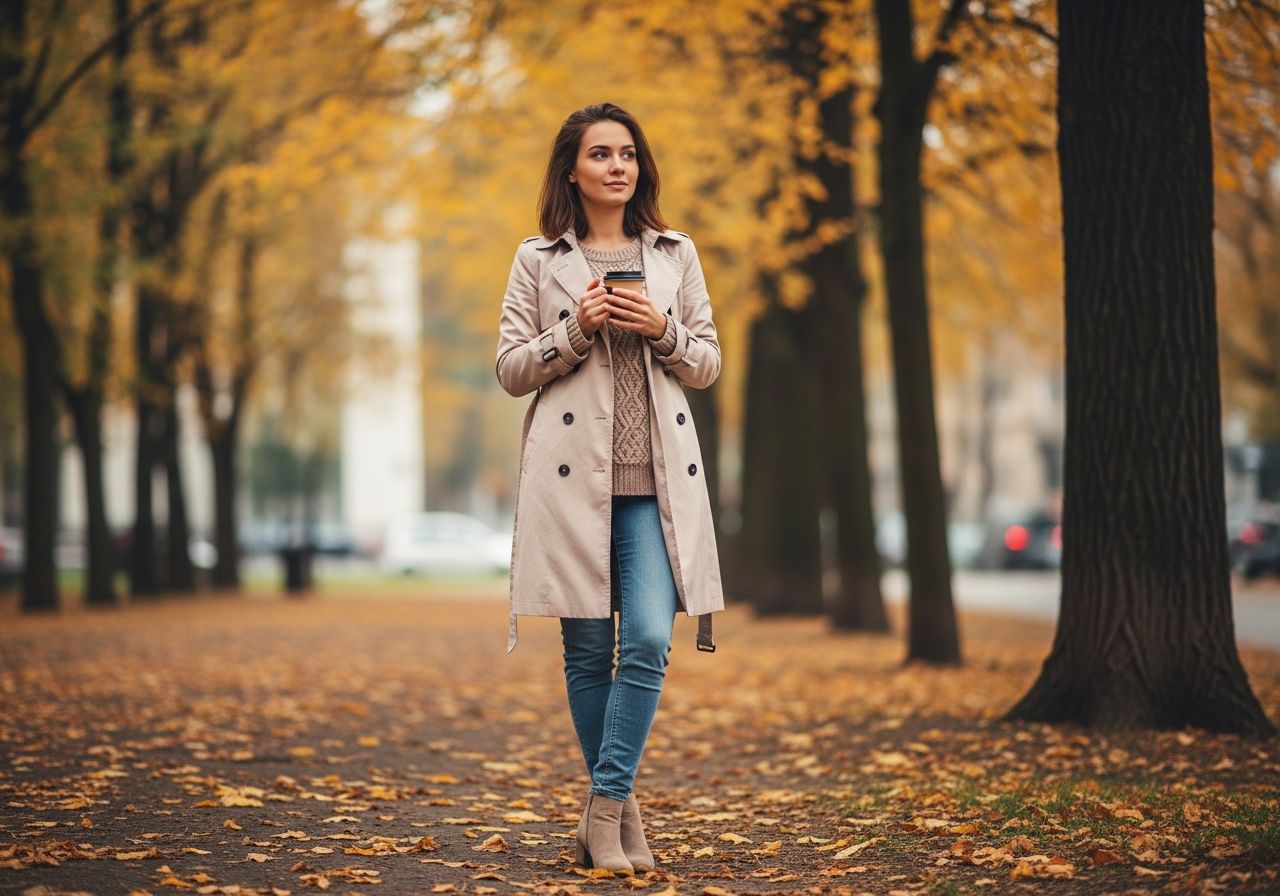 Mladá žena v béžovém kabátu drží kávu v parku s podzimními stromy a žlutými listy.