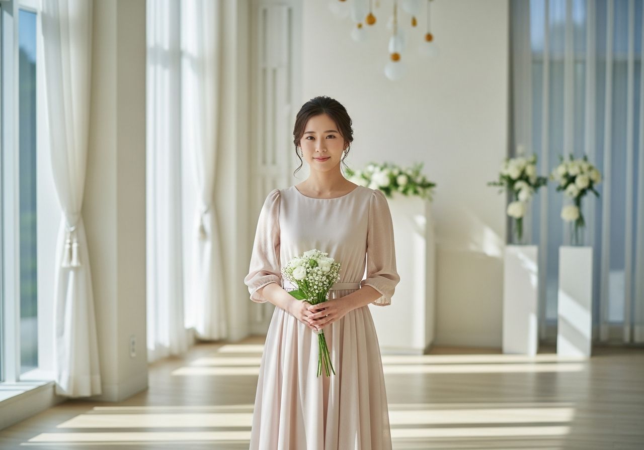 Mladá žena v pastelových šatech držící malou kytici v moderní světlé civilní obřadní síni