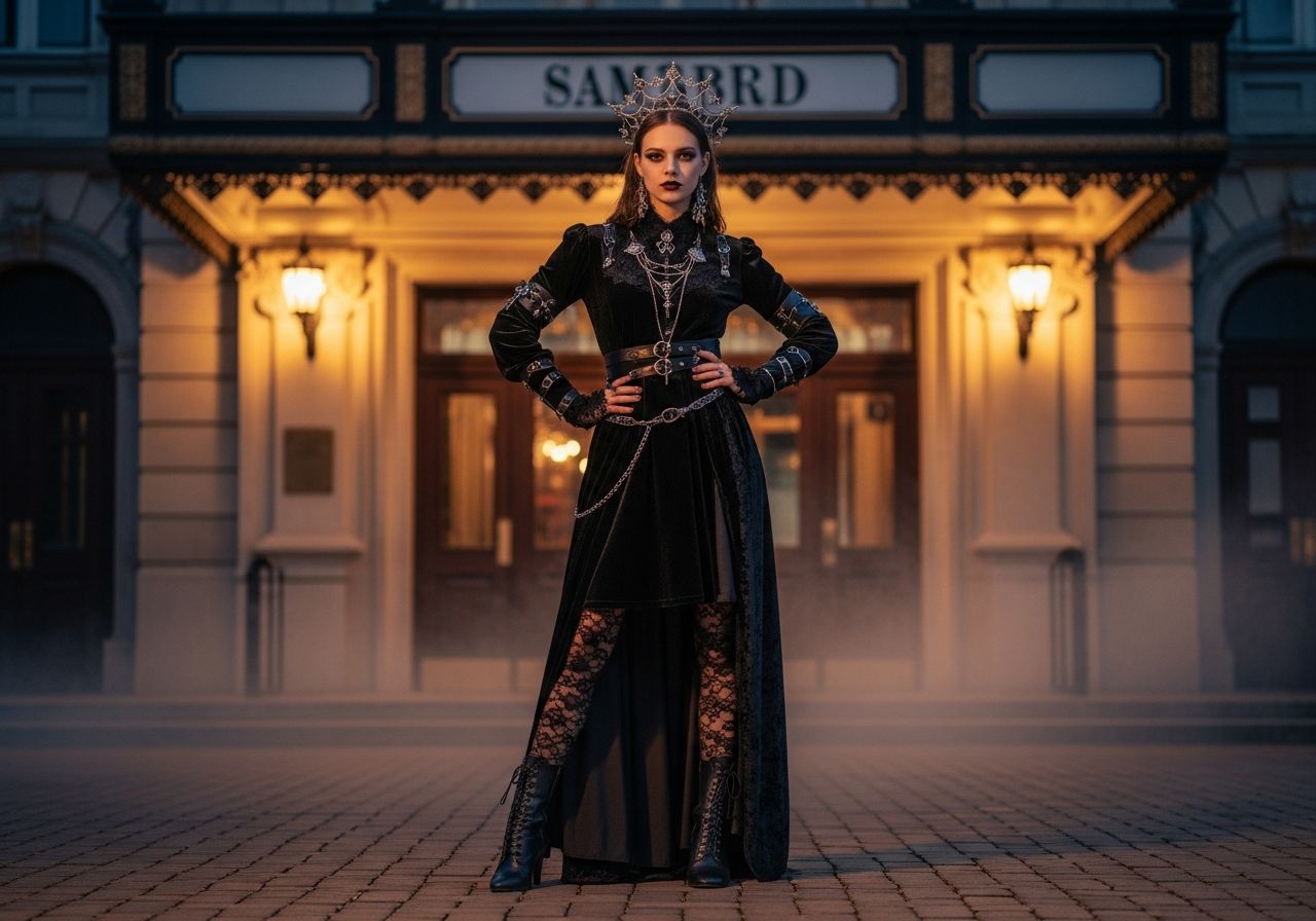 Módně oblečená osoba v gotickém kostýmu před starým divadlem za soumraku s tajemnou atmosférou