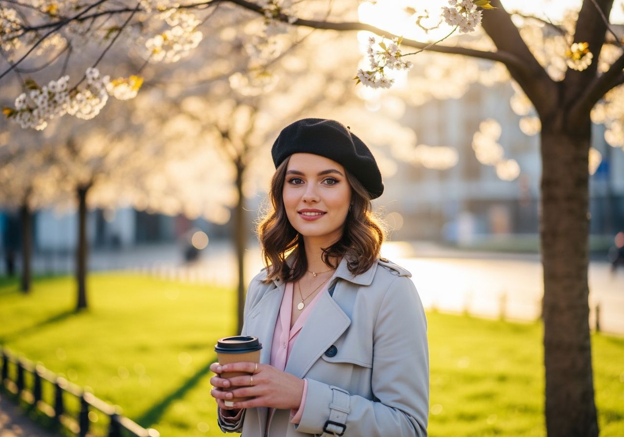 Žena v černé baretu drží šálek kávy v parku s kvetoucími třešněmi na jaře