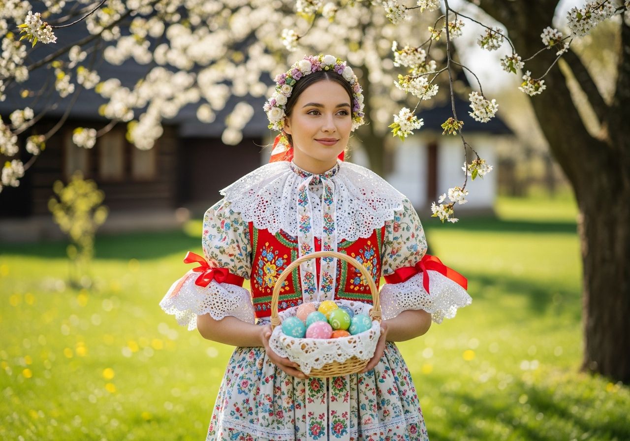 Mladá žena v jarní zahradě v moderním velikonočním kroji drží košík s malovanými vejci.